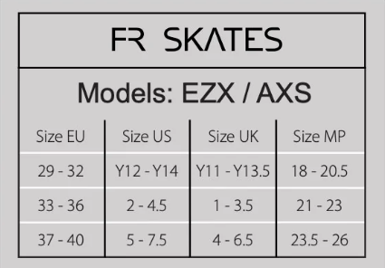 FR EZX AXS sizes table